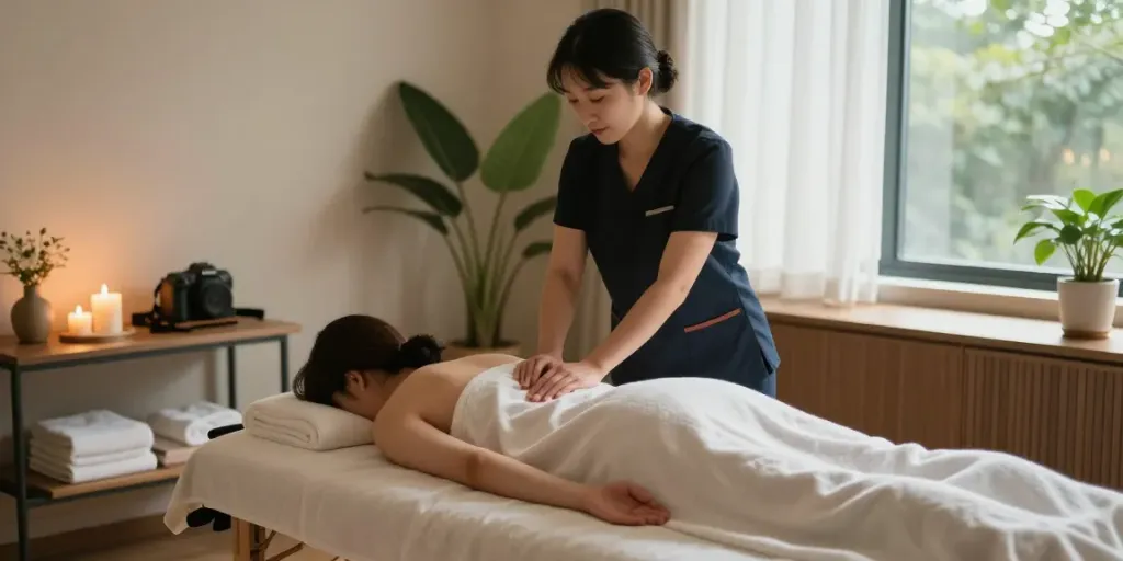 Experiencing 합정출장마사지 in a tranquil home spa setting with candles and plants.
