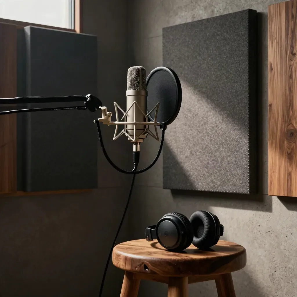 Podcast mic corner with acoustic panels and headphones on a stool, lit cinematically.