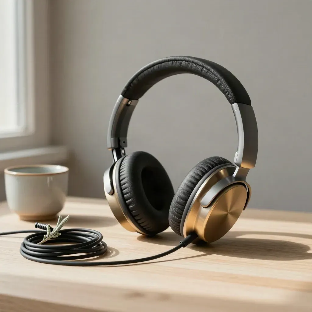 Over-ear headphones, ceramic cup and low plant on pale wood in a podcast editing still life.
